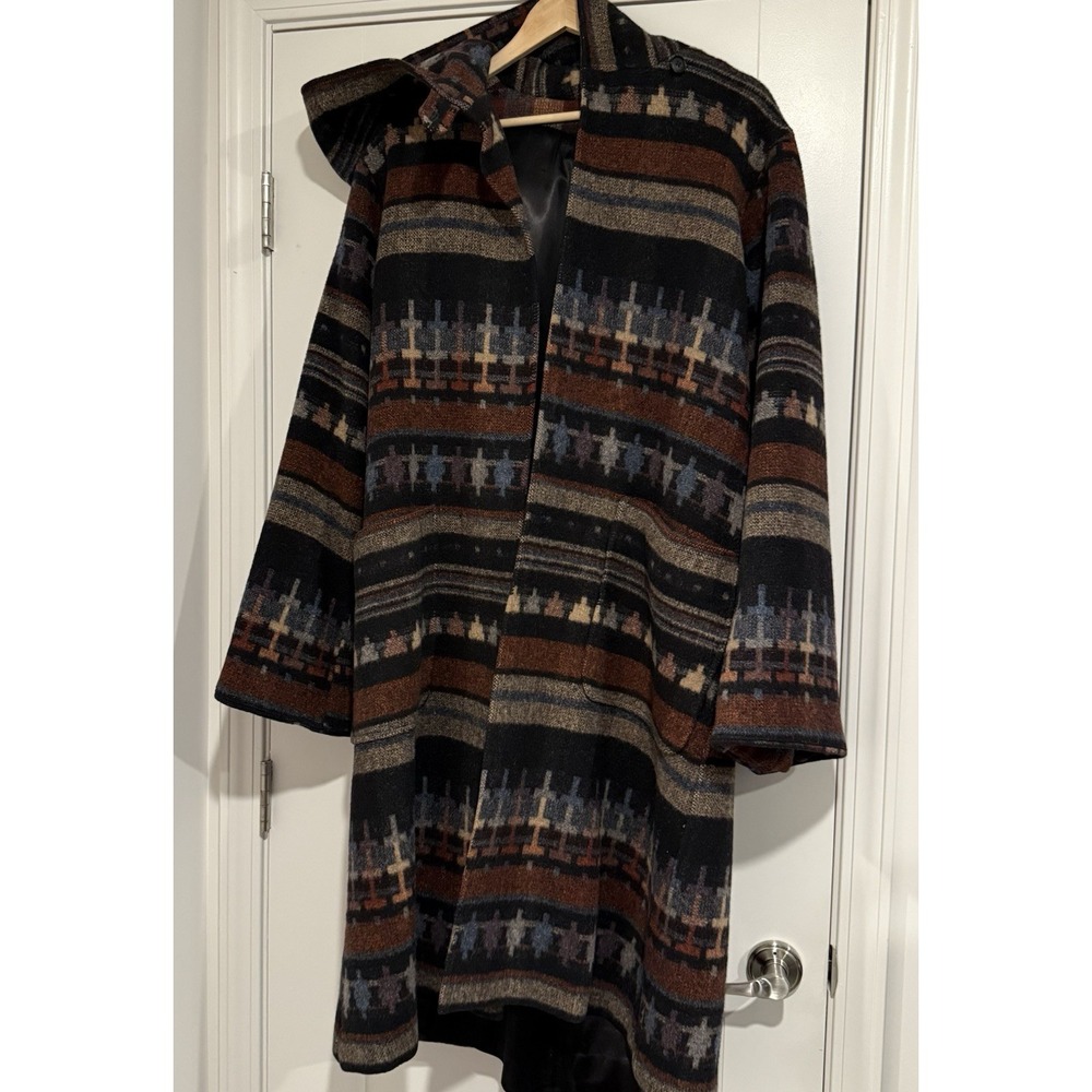 Vintage Luba Wool Coat Hood Size XL Union Made Aztec Heavy Navajo Missing Belt
